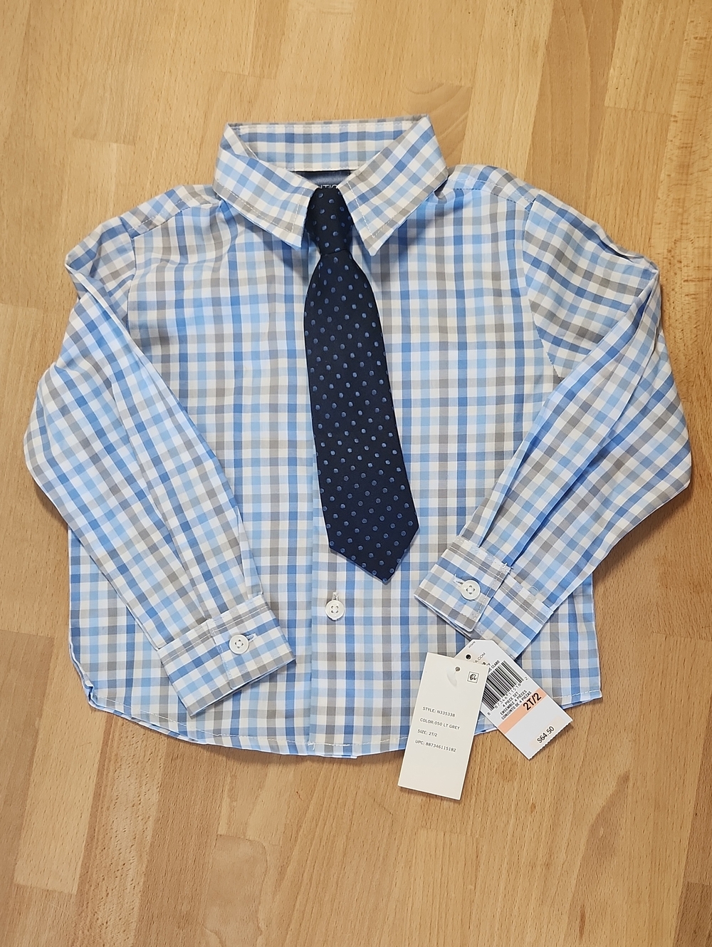 Nautica Blue and White Plaid Button-Down Shirt with Navy Tie - Kids